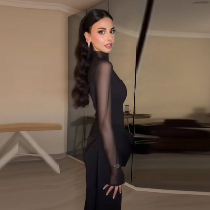 Modest high neck sheer mesh long sleeve black maxi dress side.