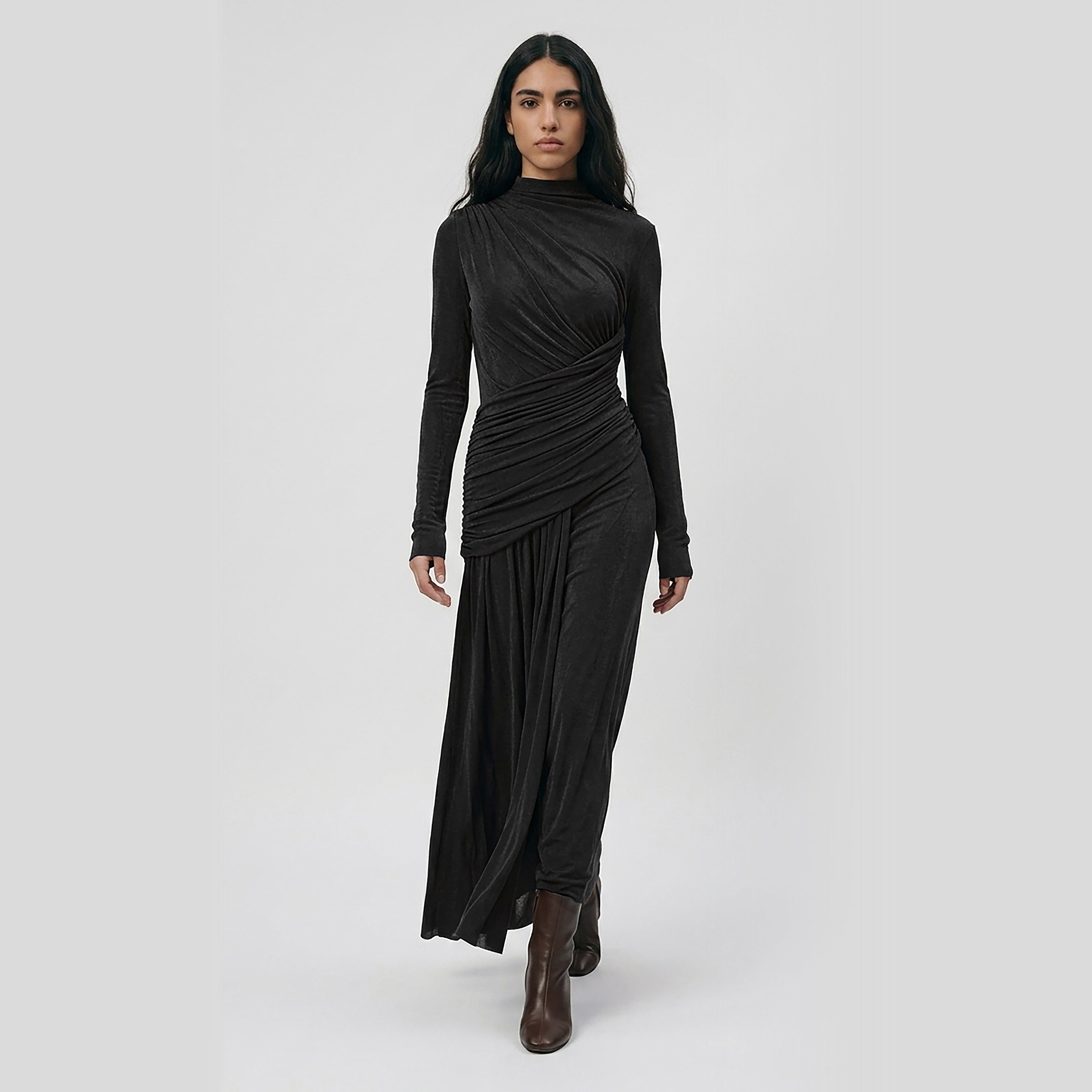 Modest black long sleeve maxi dress, gathered draping, ruched waist and elegant flowing skirt.