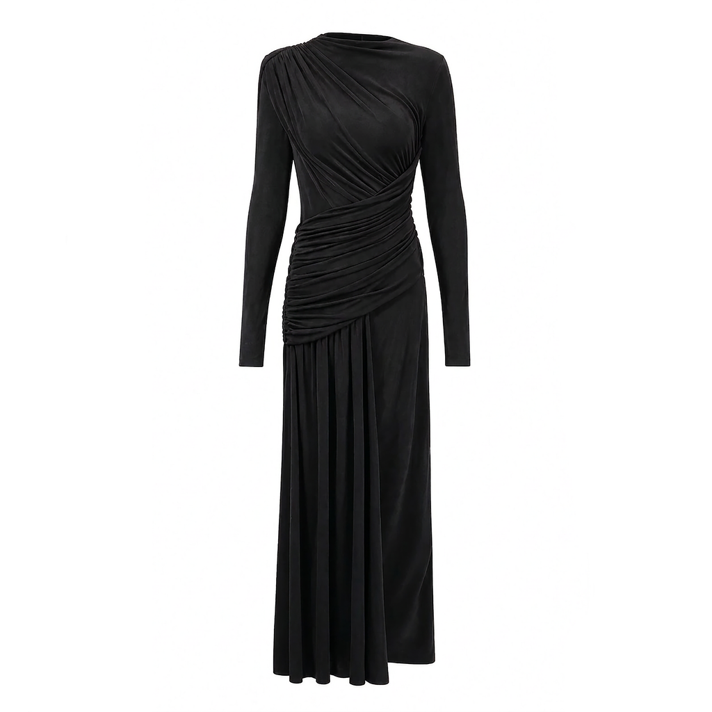 Modest black long sleeve maxi dress, gathered draping, ruched waist and elegant flowing skirt.