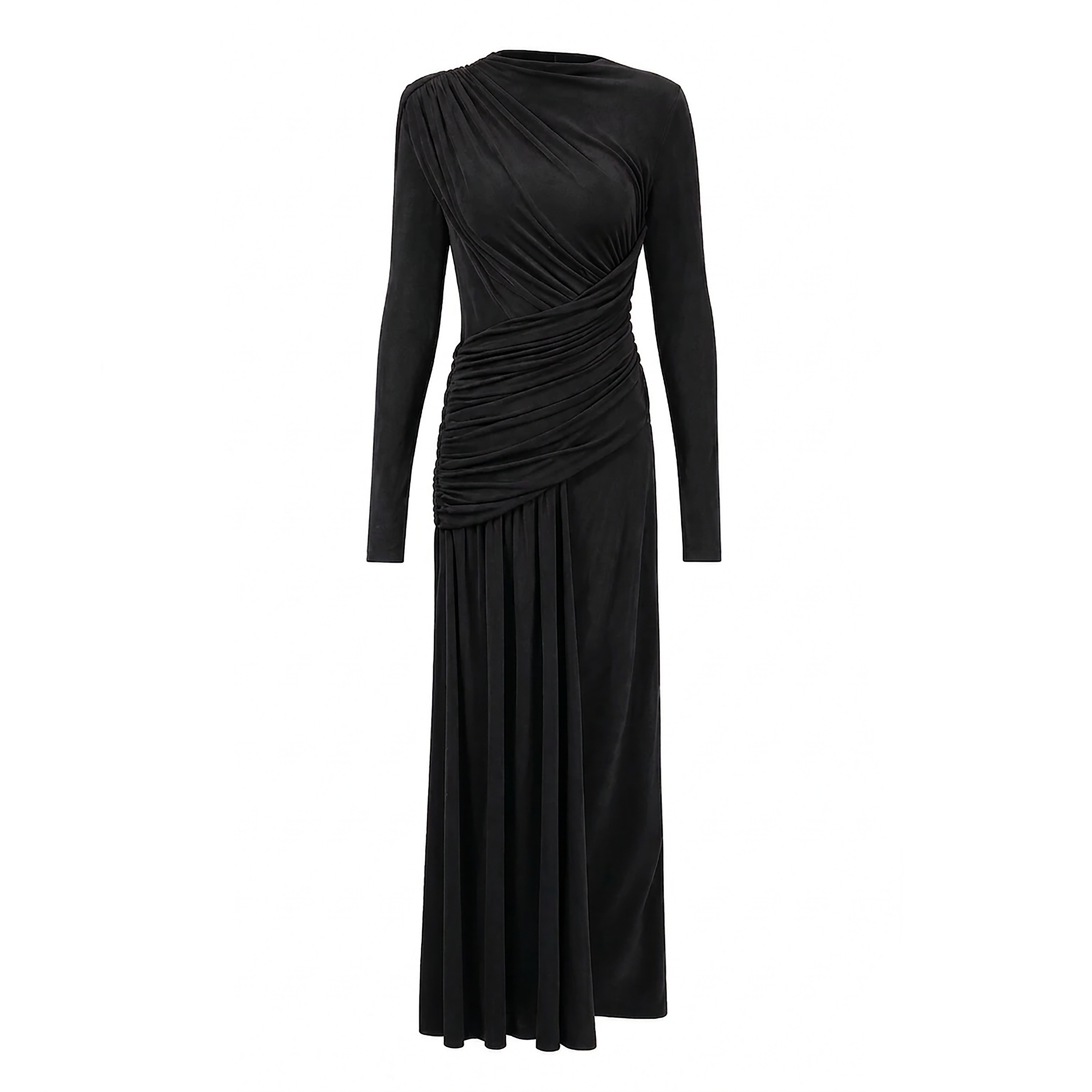 Modest black long sleeve maxi dress, gathered draping, ruched waist and elegant flowing skirt.