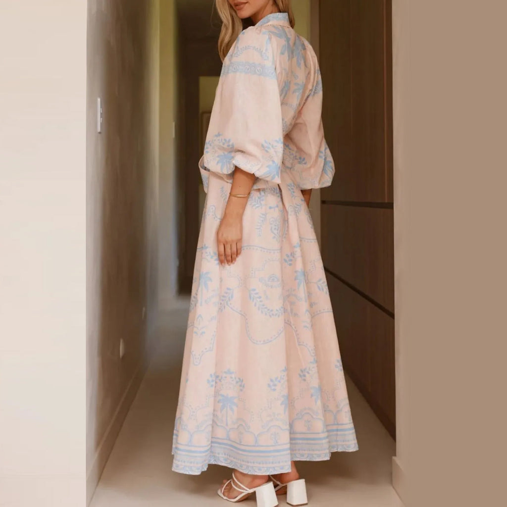 Women's blue palm ornamental print full button-up puff sleeved self-belt maxi dress.