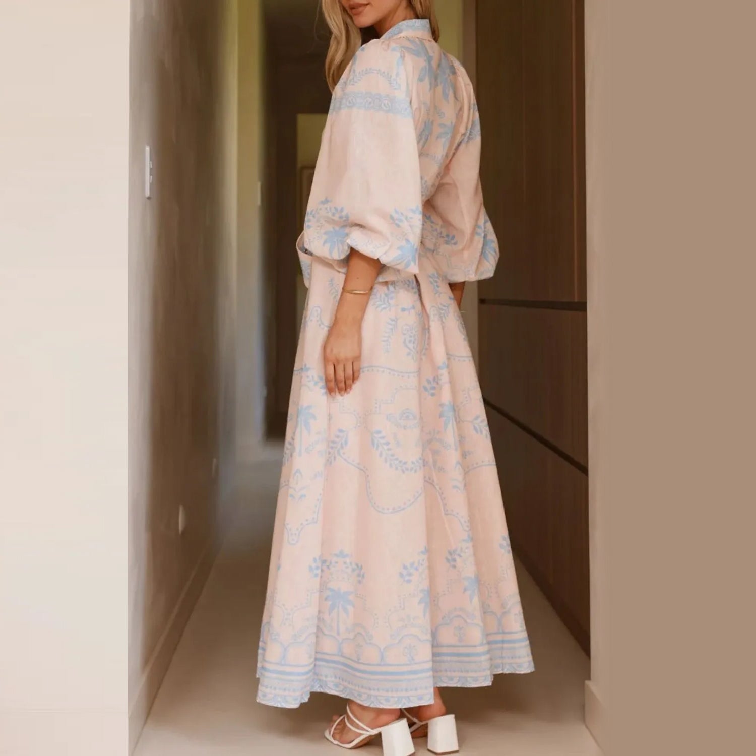 Women's blue palm ornamental print full button-up puff sleeved self-belt maxi dress.