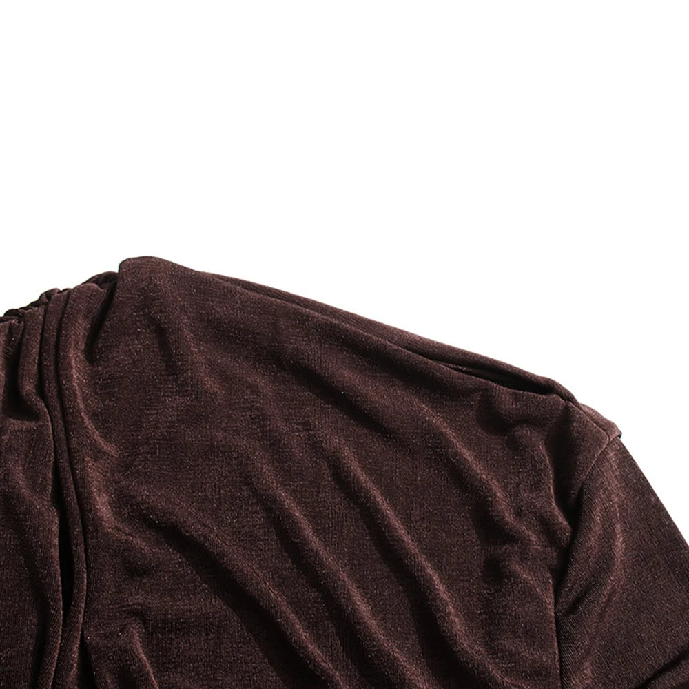 Slight stretch fabric, ruched neckline detail of the Layla Gathered Brown maxi dress