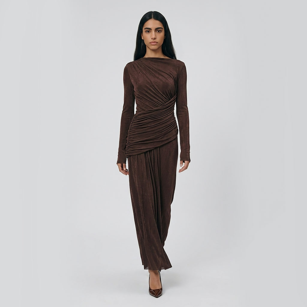 Modest Brown long sleeve maxi dress, gathered draping, ruched waist and elegant flowing skirt.