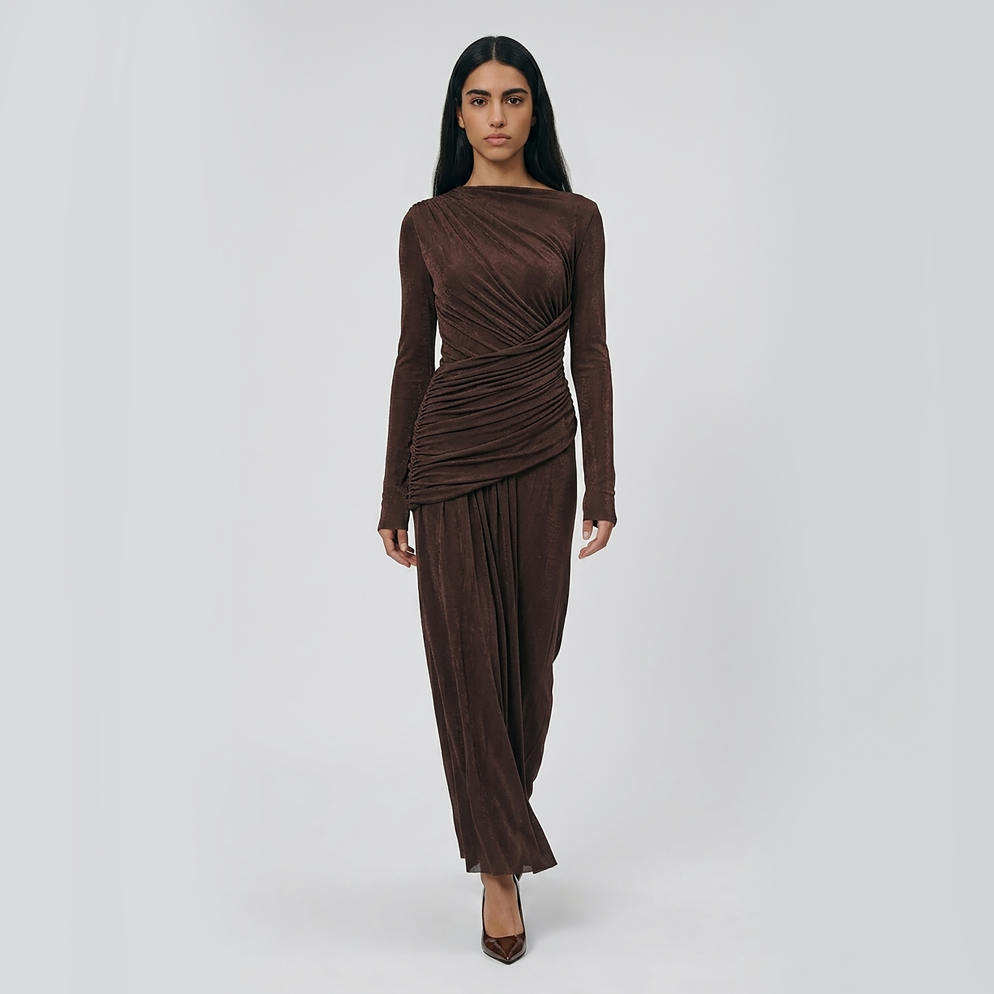 Modest Brown long sleeve maxi dress, gathered draping, ruched waist and elegant flowing skirt.