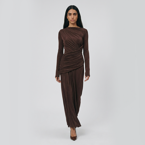 Modest Brown long sleeve maxi dress, gathered draping, ruched waist and elegant flowing skirt.