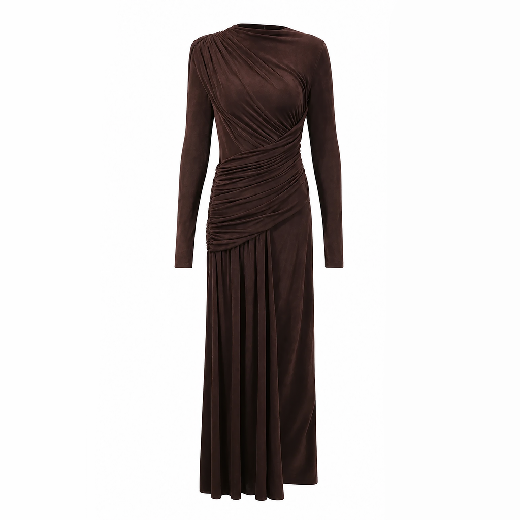 Modest Brown long sleeve maxi dress, gathered draping, ruched waist and elegant flowing skirt.