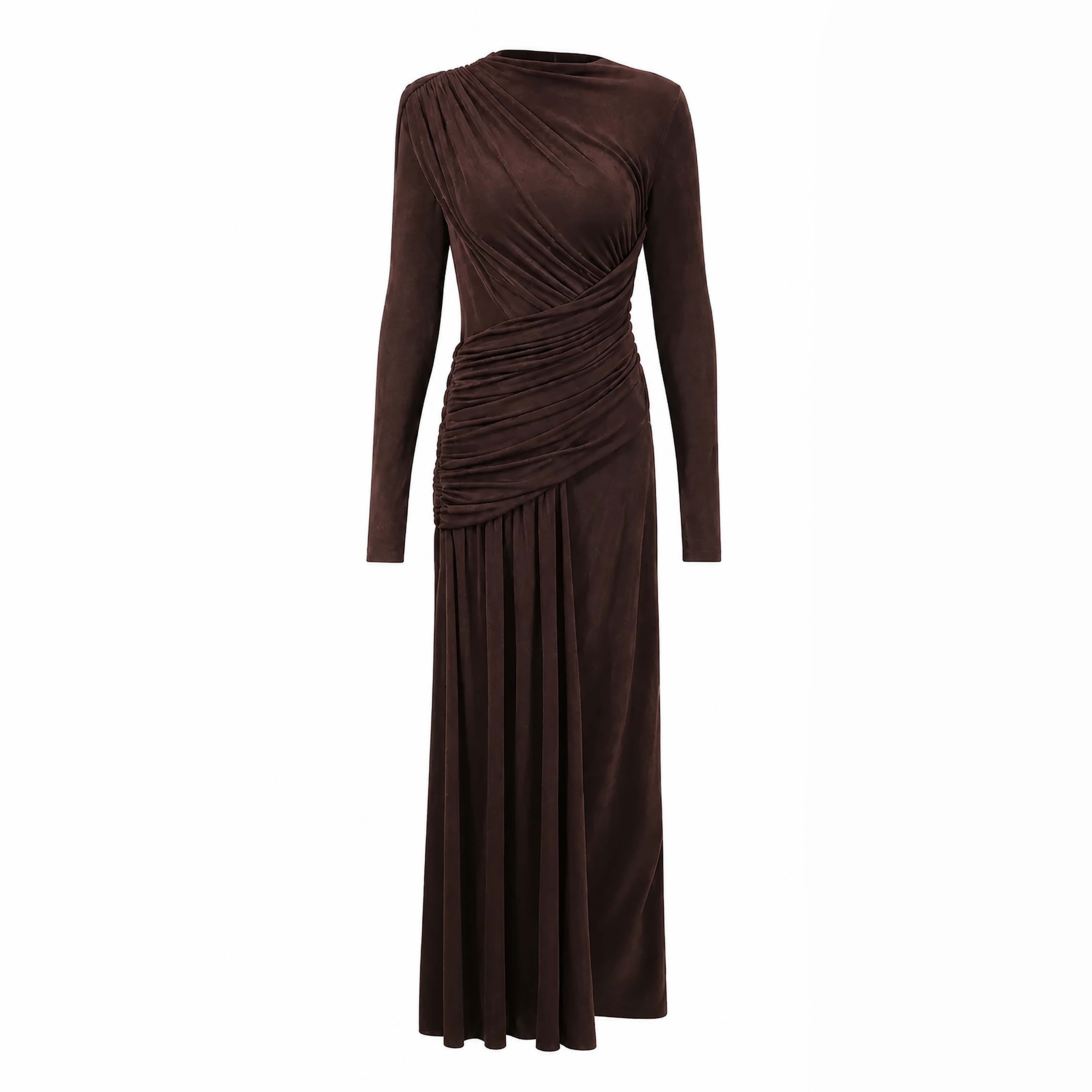 Modest Brown long sleeve maxi dress, gathered draping, ruched waist and elegant flowing skirt.