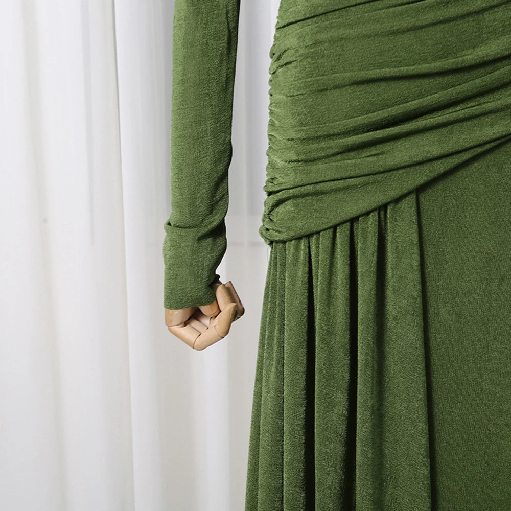 Slight stretch fabric, gathered waist detail of the olive green Layla Gathered maxi dress