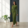 Modest olive green long sleeve maxi dress, gathered draping, ruched waist and elegant flowing skirt.