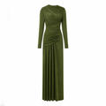 Modest olive green long sleeve maxi dress, gathered draping, ruched waist and elegant flowing skirt.