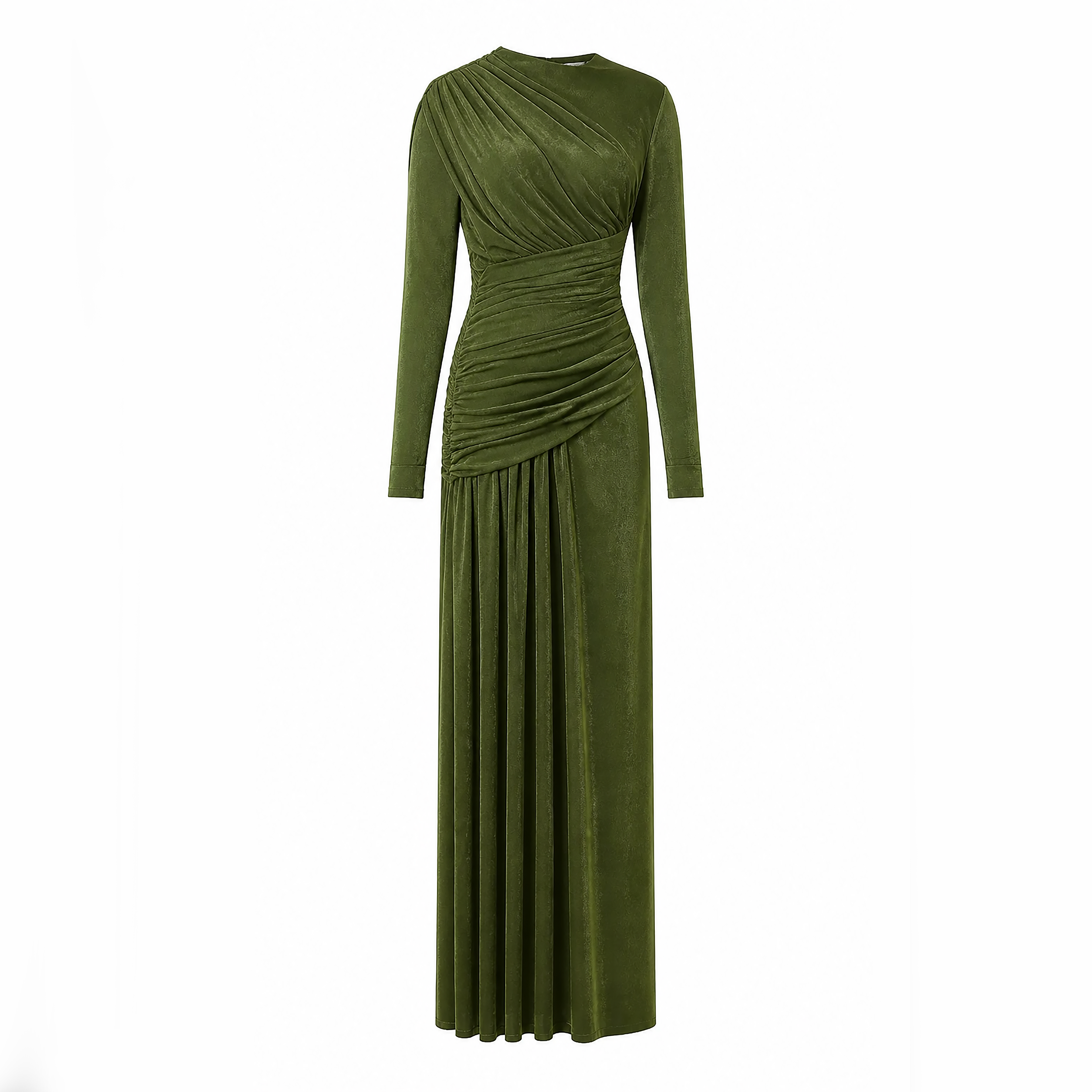 Modest olive green long sleeve maxi dress, gathered draping, ruched waist and elegant flowing skirt.