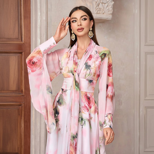 Modest pink floral chiffon cape sleeves, pleated neckline tie, cummerbund waistline maxi dress.