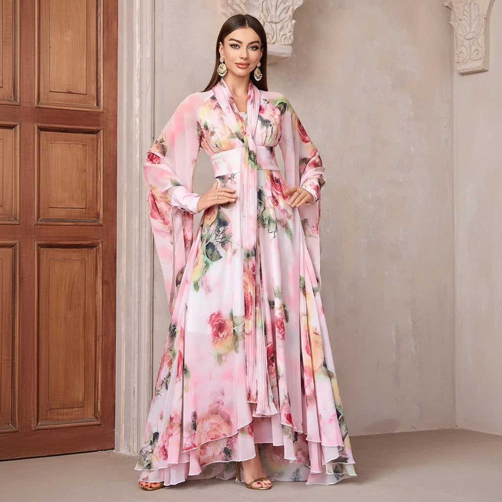 Modest pink floral chiffon cape sleeves, pleated neckline tie, high-low maxi dress.