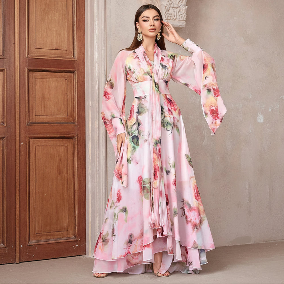 Modest pink floral chiffon cape sleeves, pleated neckline tie, high-low maxi dress.