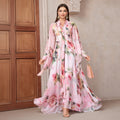 Modest pink floral chiffon cape sleeves, pleated neckline tie, high-low maxi dress.