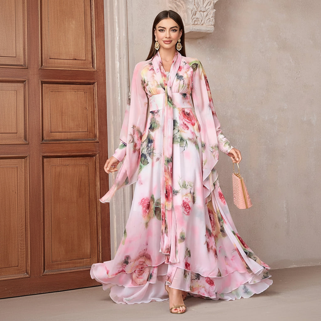 Modest pink floral chiffon cape sleeves, pleated neckline tie, high-low maxi dress.