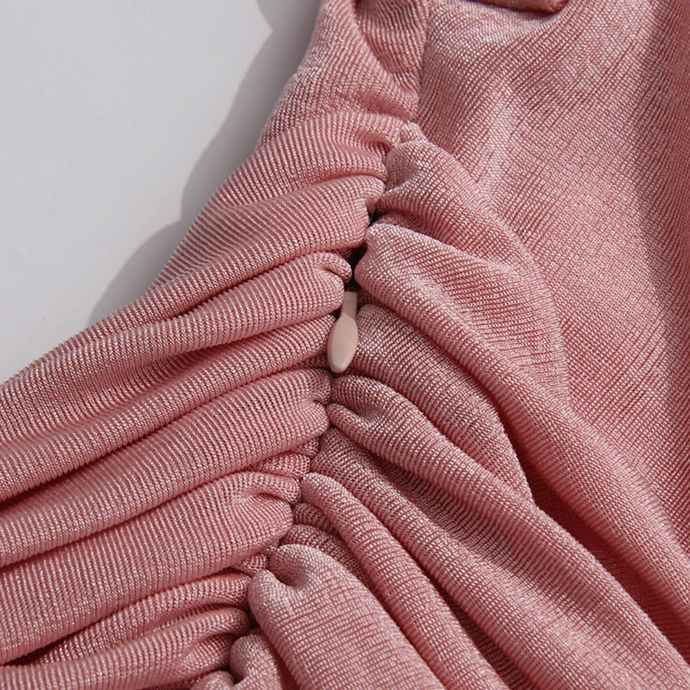 Slight stretch fabric, ruched waist with zipper detail of the pink Layla Gathered maxi dress