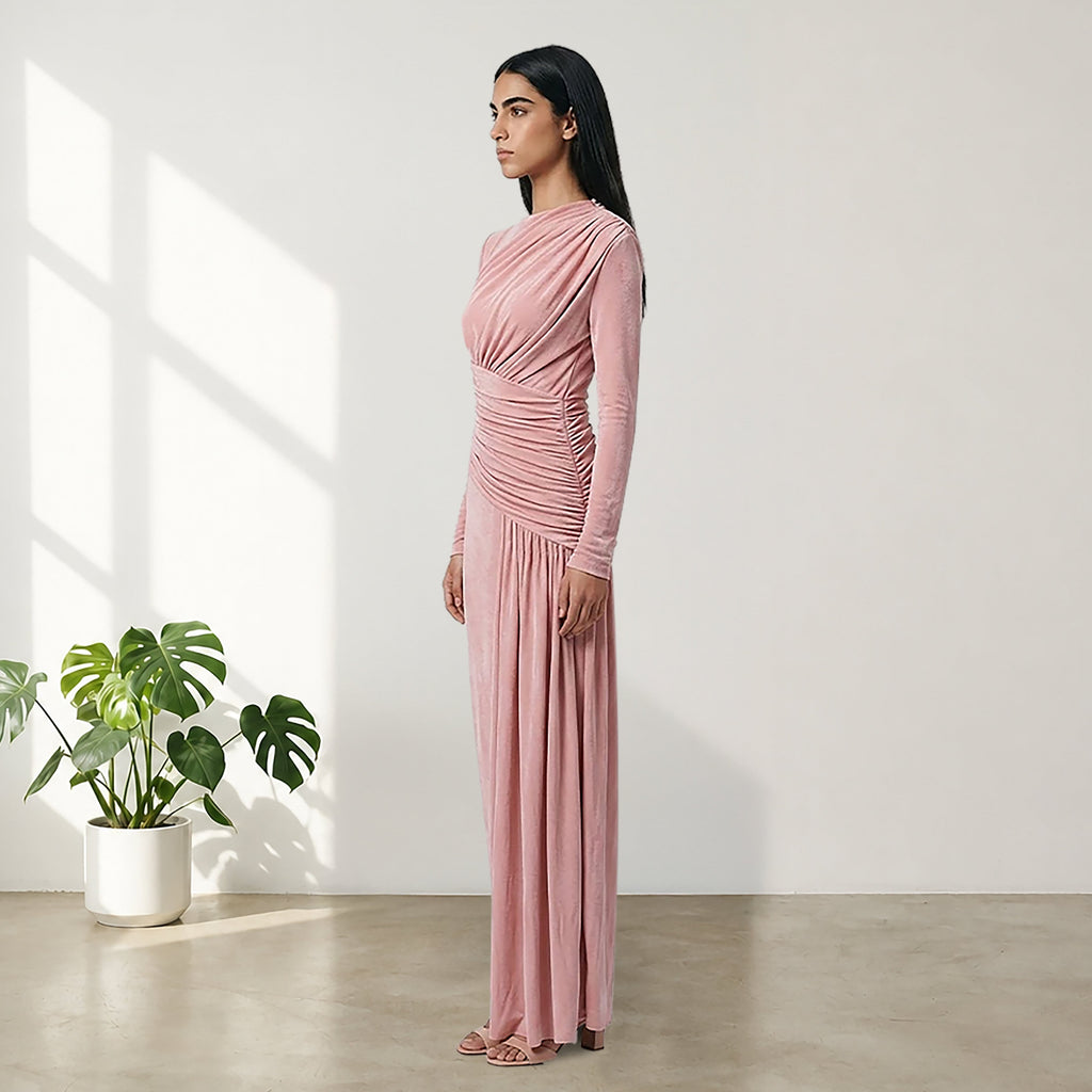 Modest pink long sleeve maxi dress, gathered draping, ruched waist and elegant flowing skirt.