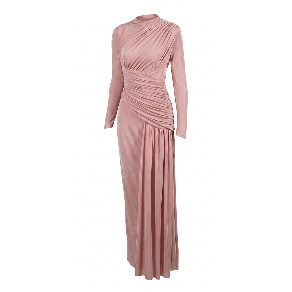 Modest Pink long sleeve maxi dress, gathered draping, ruched waist and elegant flowing skirt.