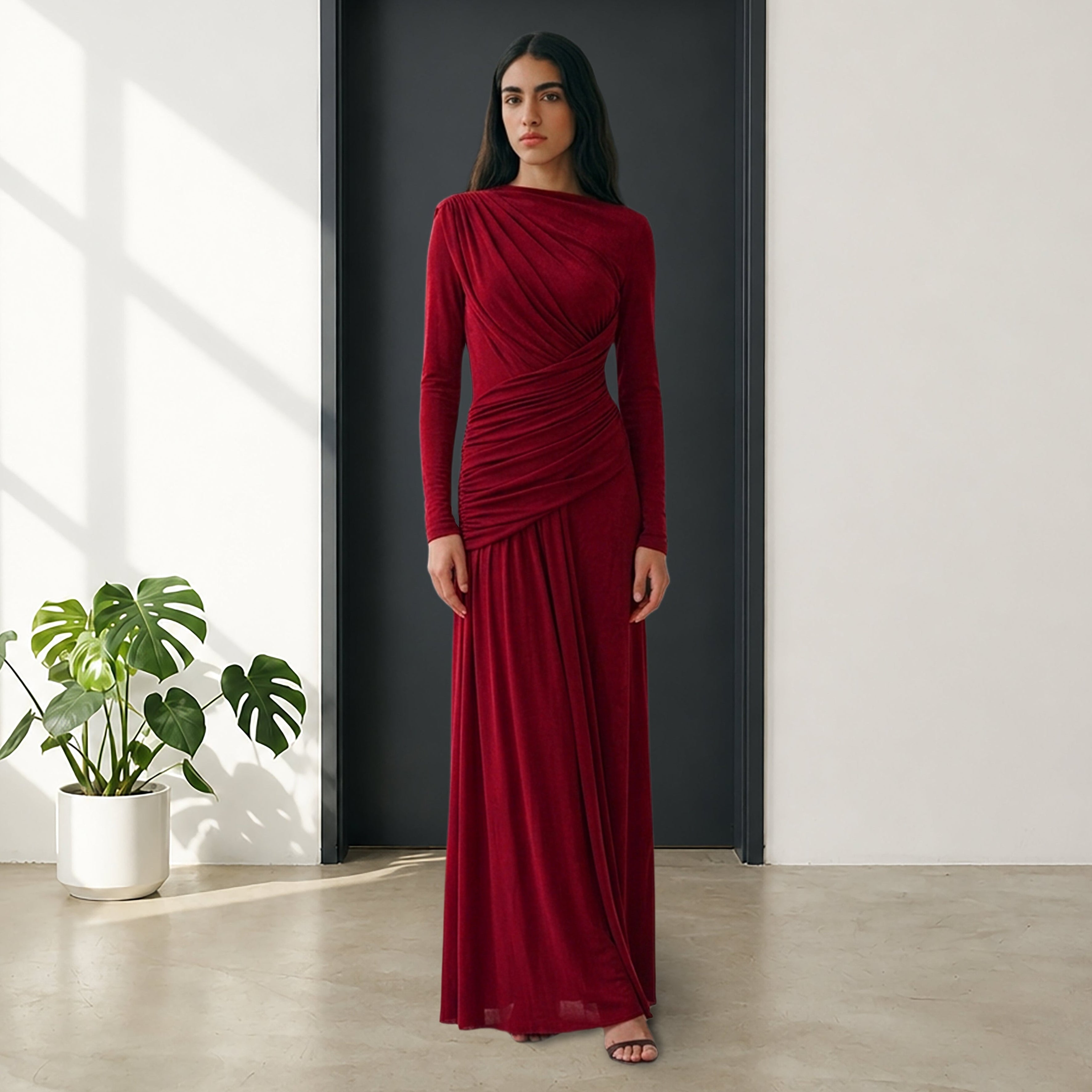 Modest red long sleeve maxi dress, gathered draping, ruched waist and elegant flowing skirt.