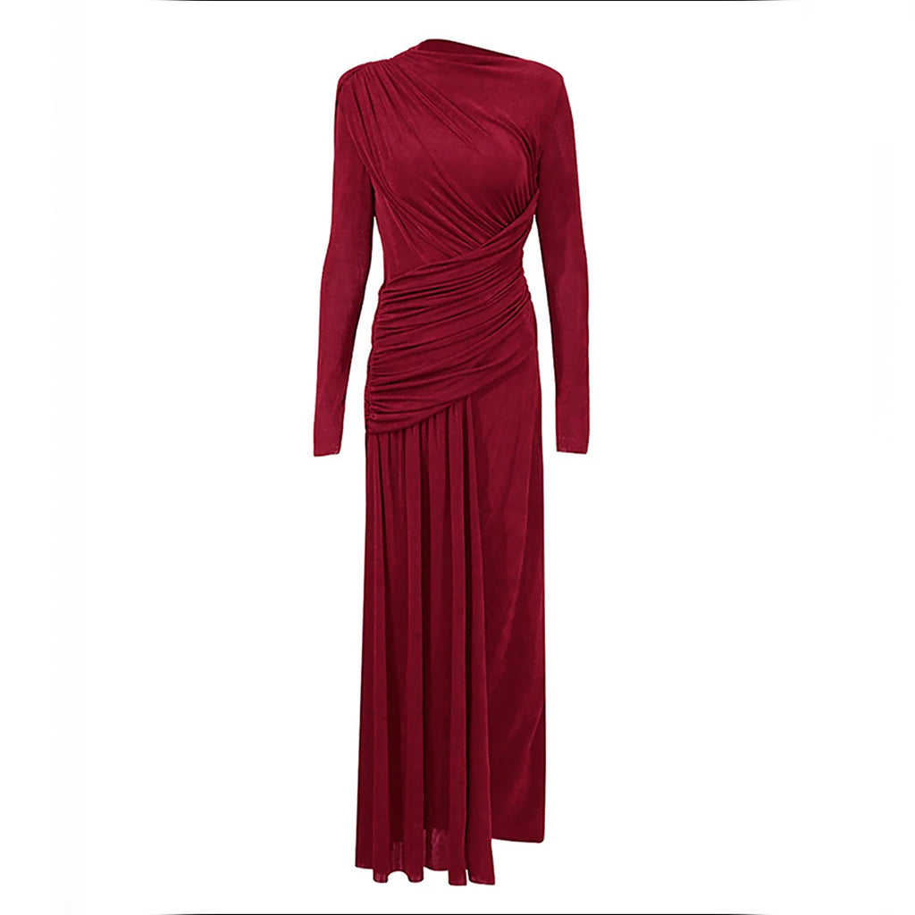 Modest Red long sleeve maxi dress, gathered draping, ruched waist and elegant flowing skirt.