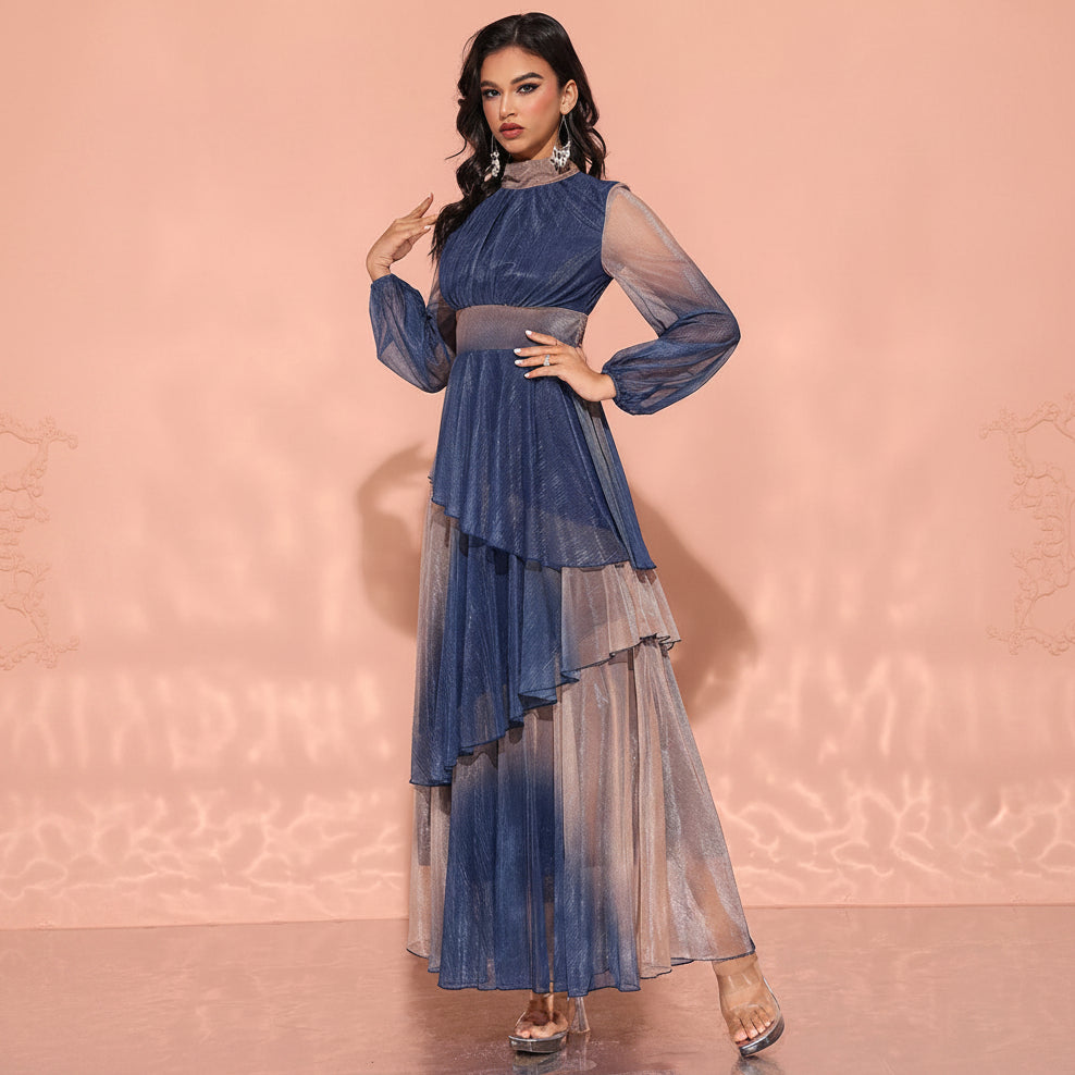Women's modest beige blue tiered, mock neck, sheer long sleeves, asymmetrical ruffled skirt maxi dress