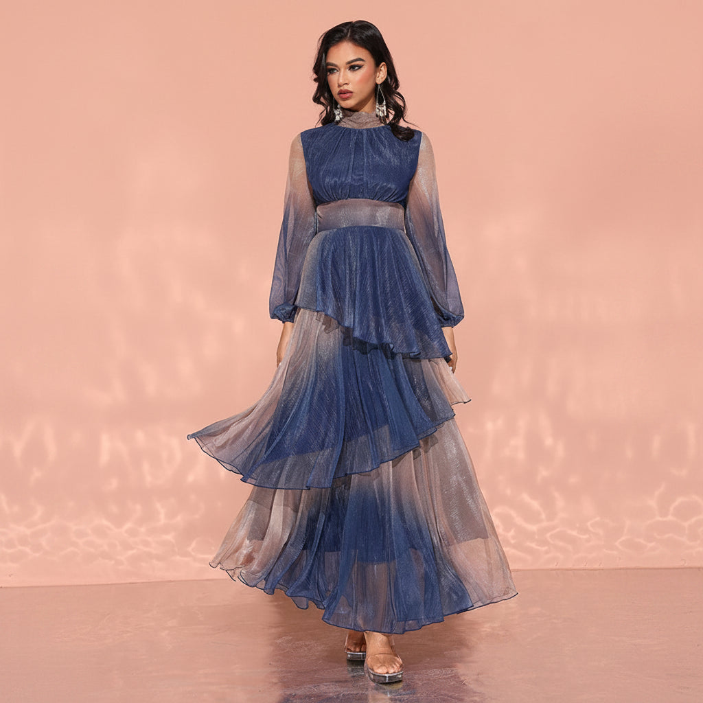 Women's modest beige blue tiered, mock neck, sheer long sleeves, asymmetrical ruffled skirt maxi dress