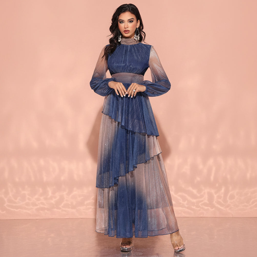 Women's modest beige blue tiered, mock neck, sheer long sleeves, asymmetrical ruffled skirt maxi dress