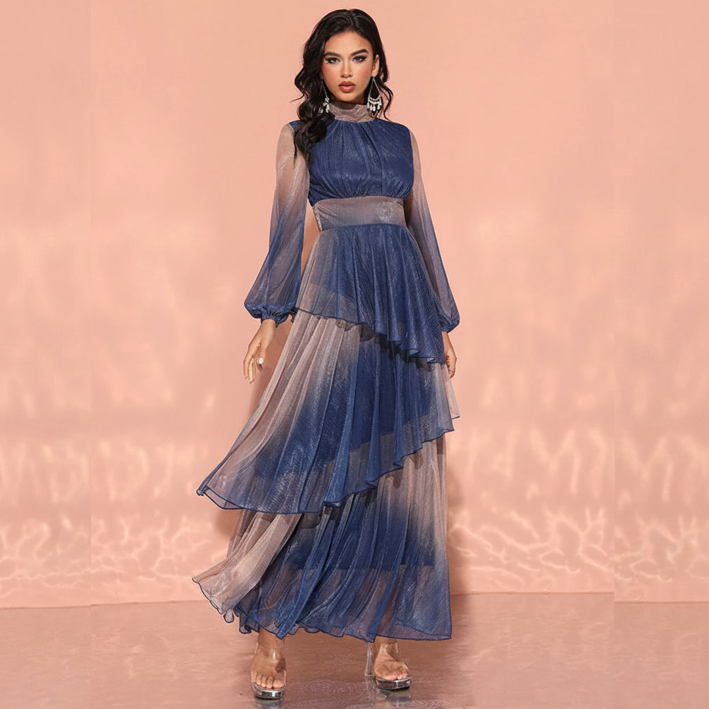 Women's modest beige blue tiered, mock neck, sheer long sleeves, asymmetrical ruffled skirt maxi dress