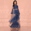 Women's modest beige blue tiered, mock neck, sheer long sleeves, asymmetrical ruffled skirt maxi dress