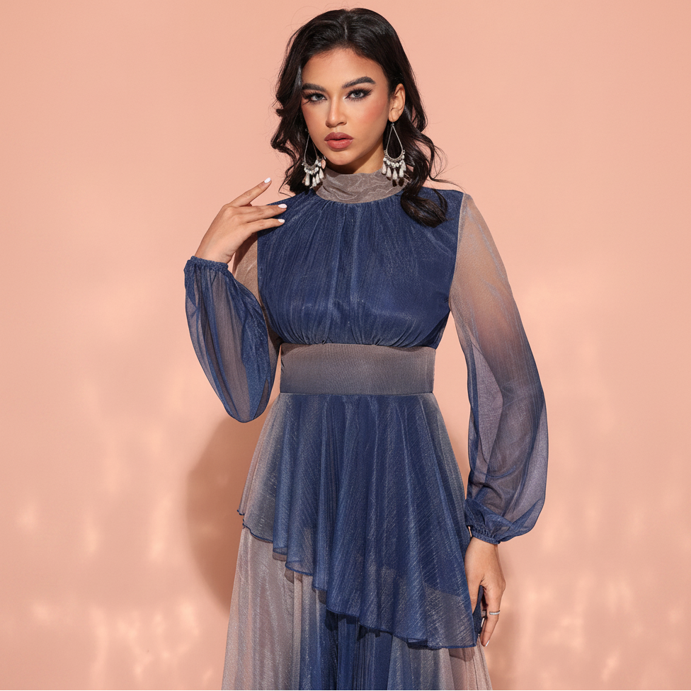 Women's modest beige blue tiered, mock neck, sheer long sleeves, asymmetrical ruffled skirt maxi dress