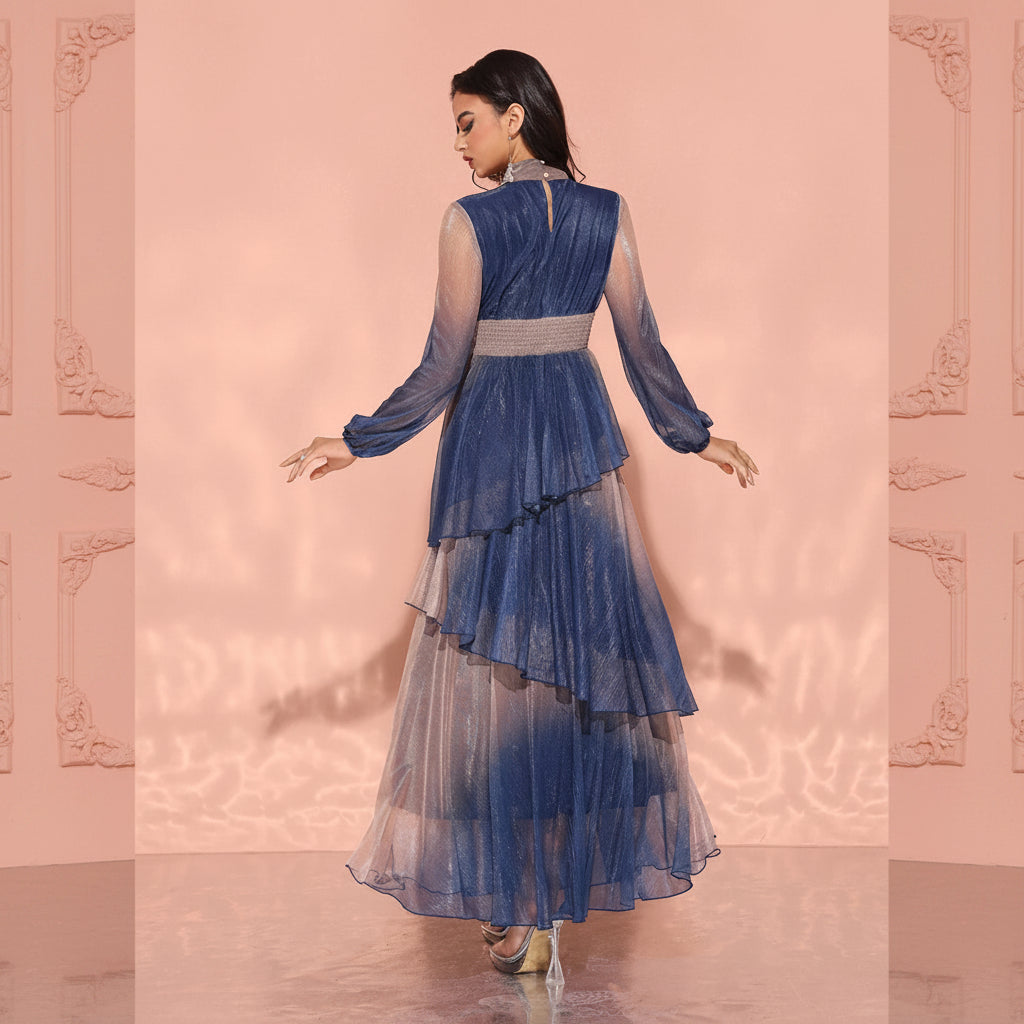 Women's modest beige blue tiered, mock neck, sheer long sleeves, asymmetrical ruffled skirt maxi dress