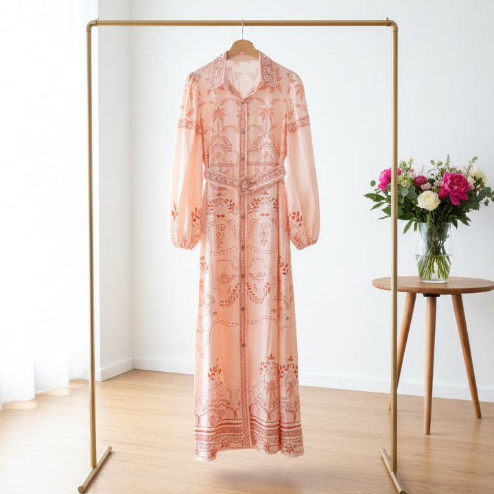 Women's beige apricot palm ornamental print full button-up puff sleeved self-belt maxi dress.