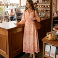 Women's modest beige palm ornamental pattern button-up collar, puff-sleeve self-belt maxi dress.