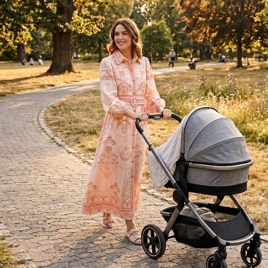 Women's modest beige palm ornamental pattern button-up collar, puff-sleeve self-belt maxi dress.
