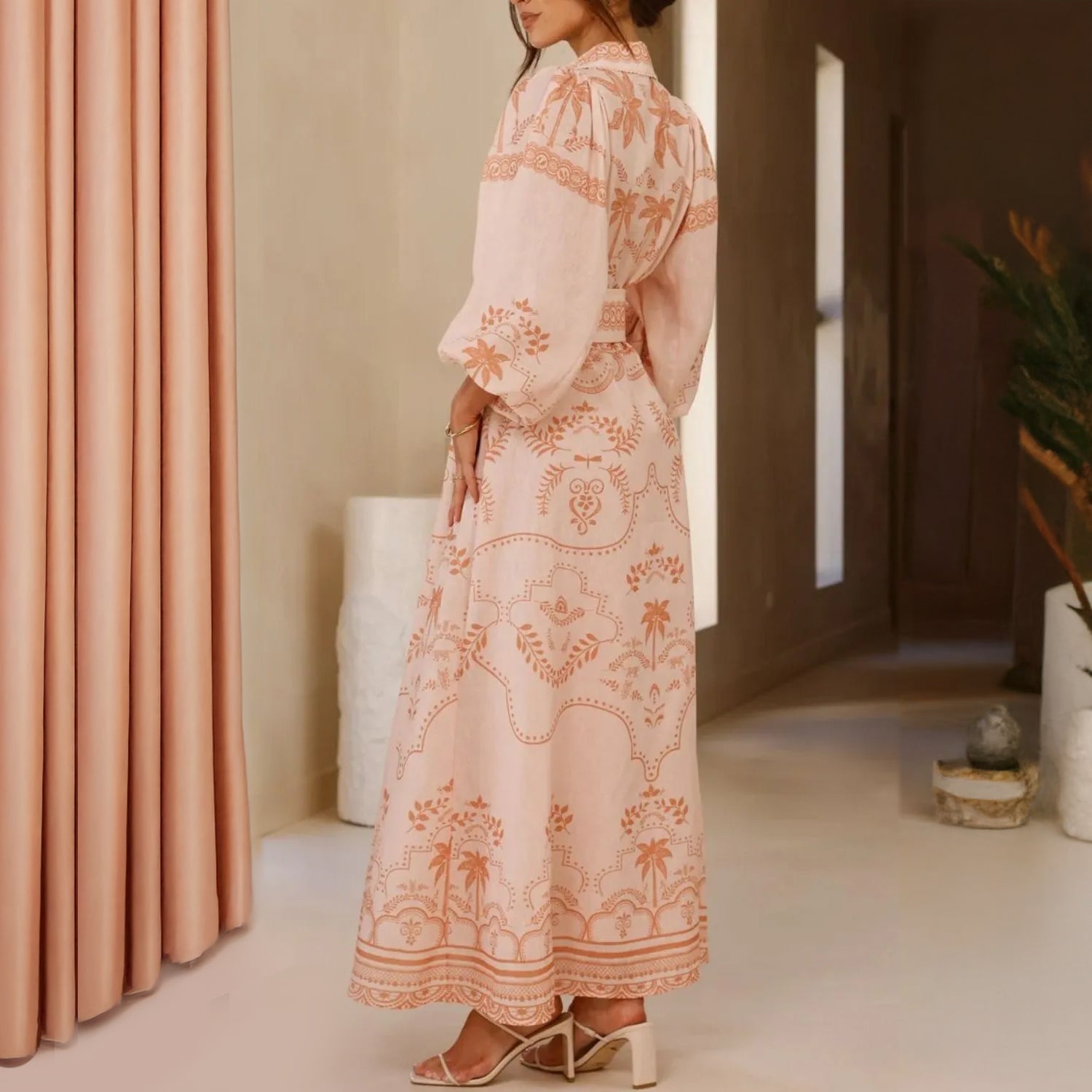 Women's beige apricot palm ornamental print full button-up puff sleeved self-belt maxi dress.