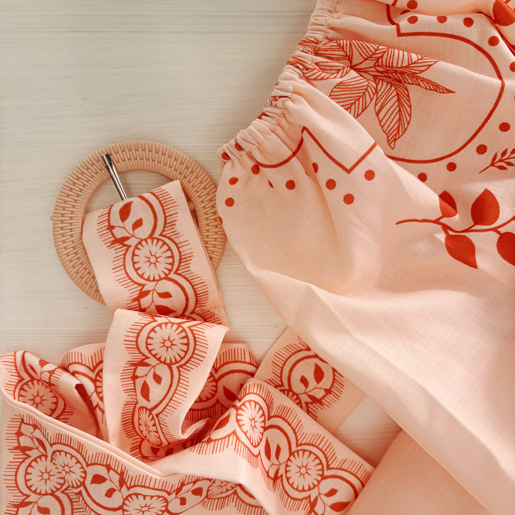 Modest apricot Beige palm tree pattern maxi dress sleeve and belt