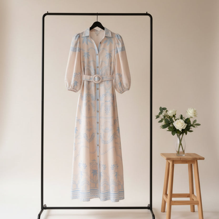 Women's modest blue palm ornamental pattern button-up collar, puff-sleeve self-belt maxi dress.