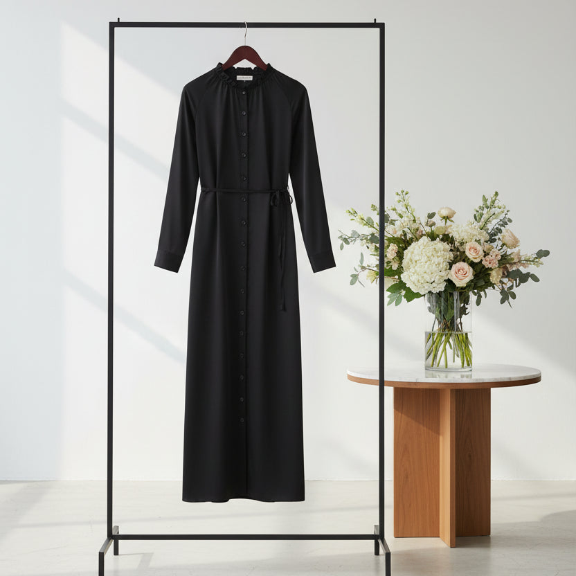 Women's solid coloured black, cuffed sleeve, full front button-down maxi dress 
