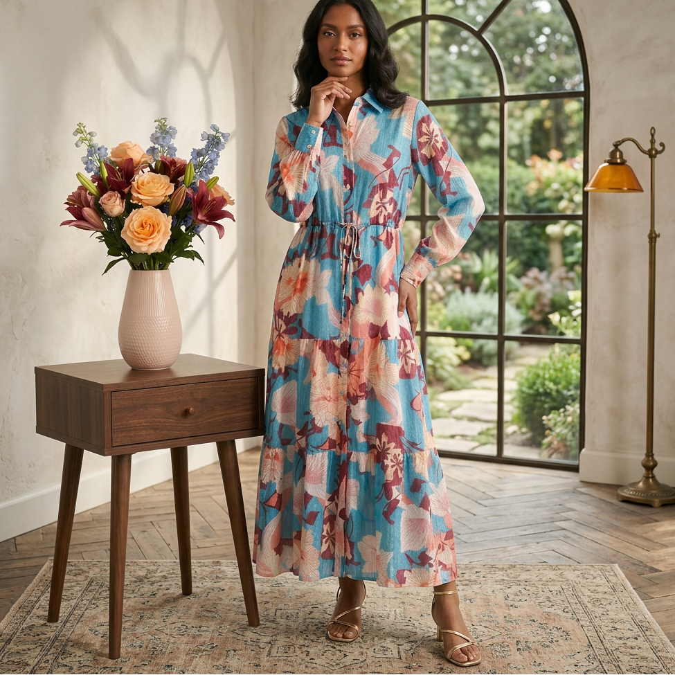 Women's modest blue floral self-waist tie tiered button-up maxi dress