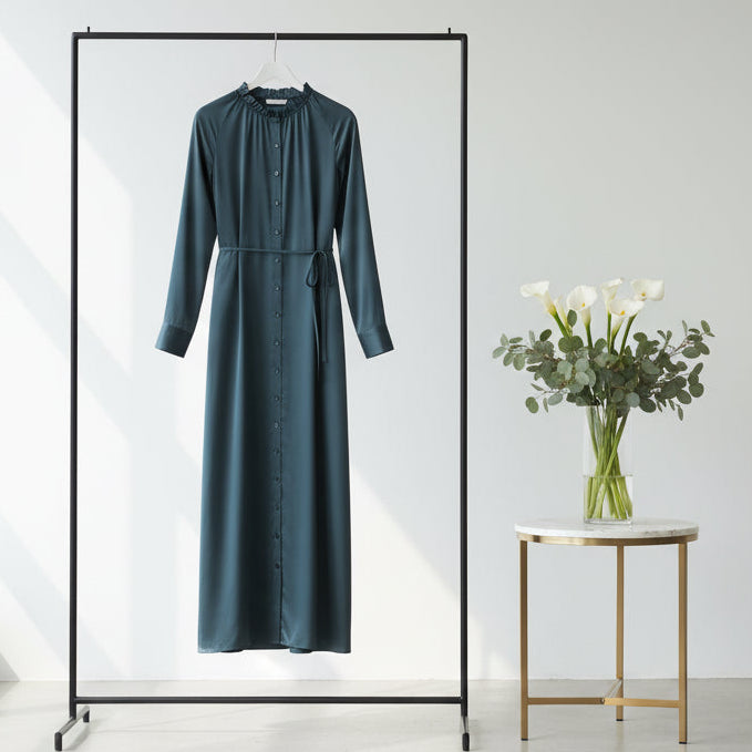 Women's solid coloured navy blue, cuffed sleeve, full front button-down maxi dress 