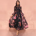 Women's modest chiffon black pink lace waist tie Eid maxi dress