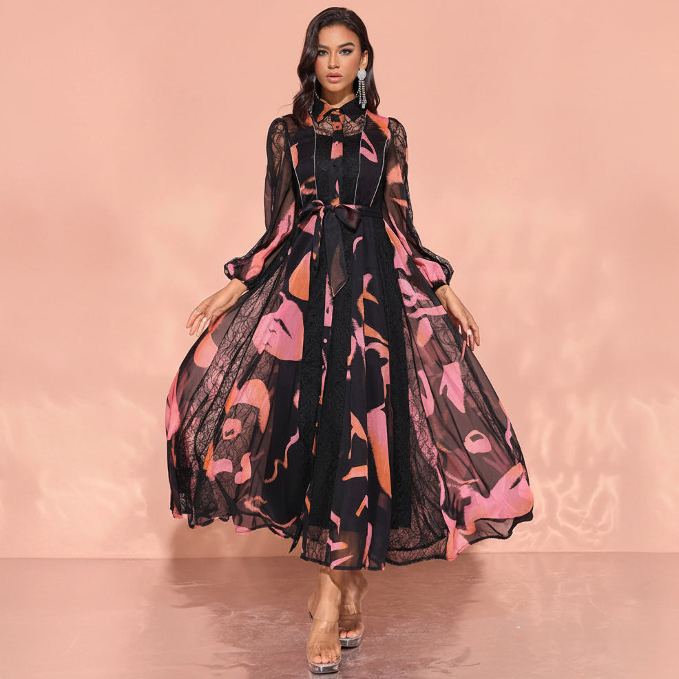 Women's modest chiffon black pink lace waist tie Eid maxi dress