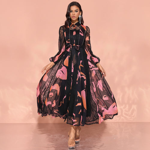 Women's modest chiffon black pink lace waist tie Eid maxi dress
