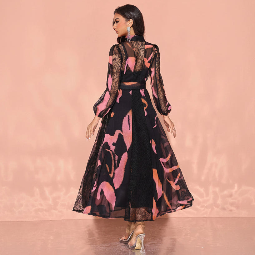 Women's modest chiffon black pink lace waist tie buttpn-up collar Eid maxi dress