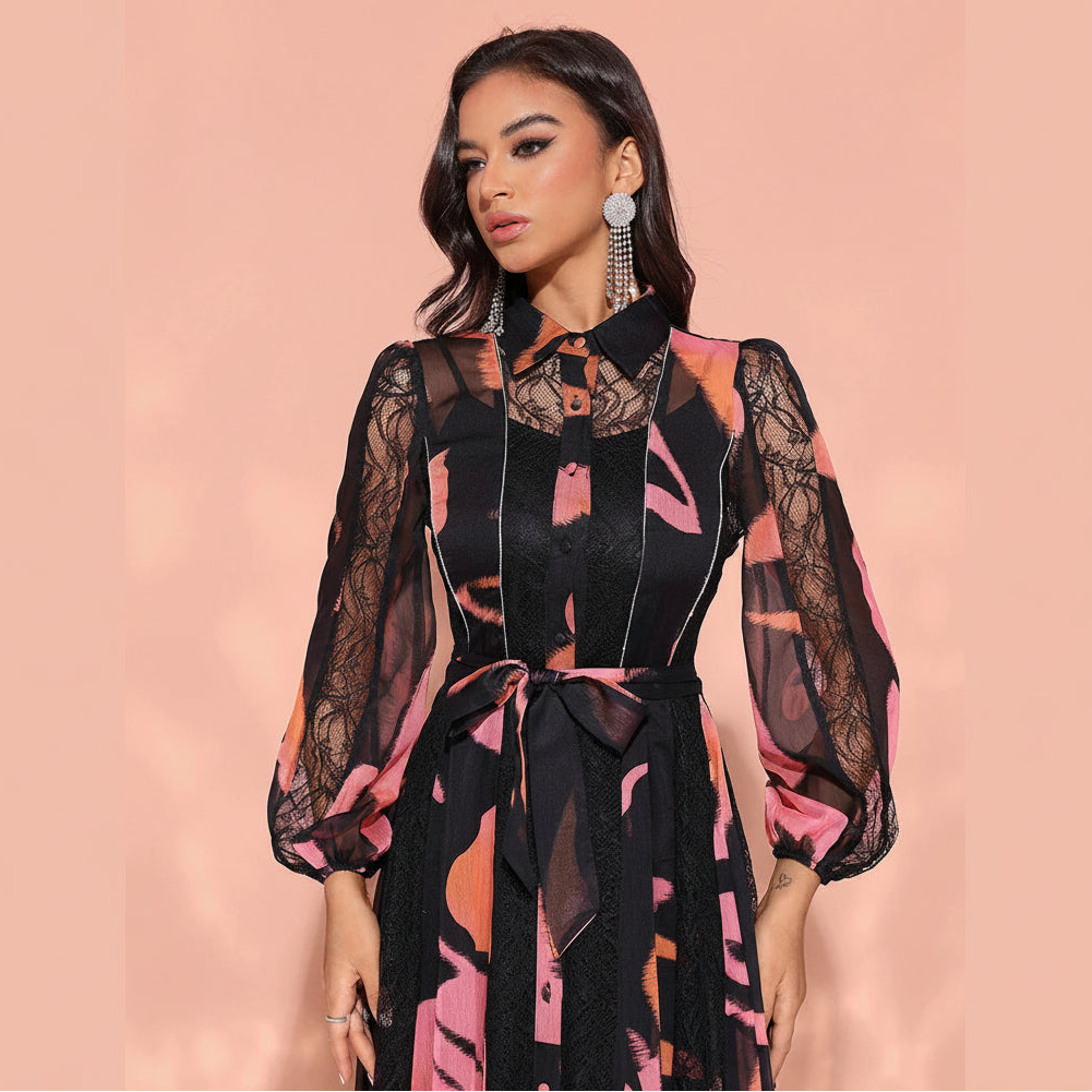 Women's modest chiffon black pink lace waist tie buttpn-up collar Eid maxi dress