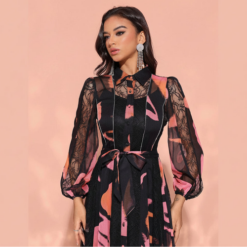 Women's modest chiffon black pink lace waist tie buttpn-up collar Eid maxi dress