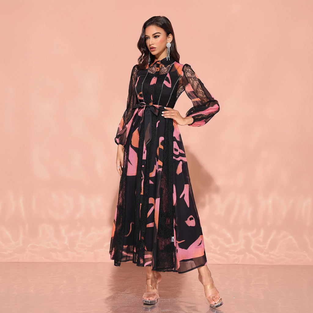 Women's modest chiffon black pink lace waist tie buttpn-up collar Eid maxi dress