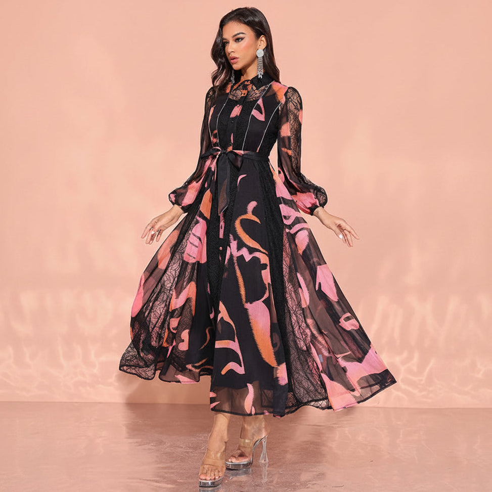 Women's modest chiffon black pink lace waist tie buttpn-up collar Eid maxi dress